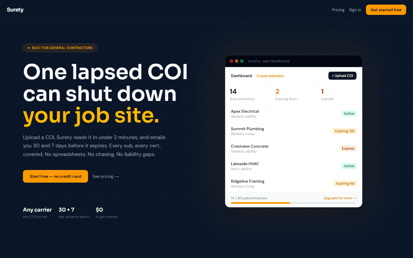 Surety — multi-tenant SaaS for COI tracking. Live at suretybuild.com.